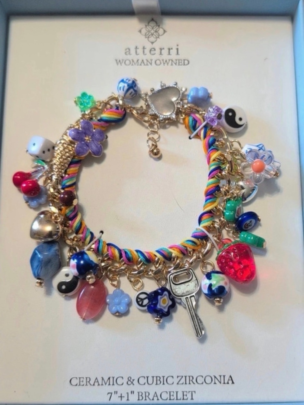Atterri Multicolor Charm Bracelet with Rainbow Cord & Ceramic Accents